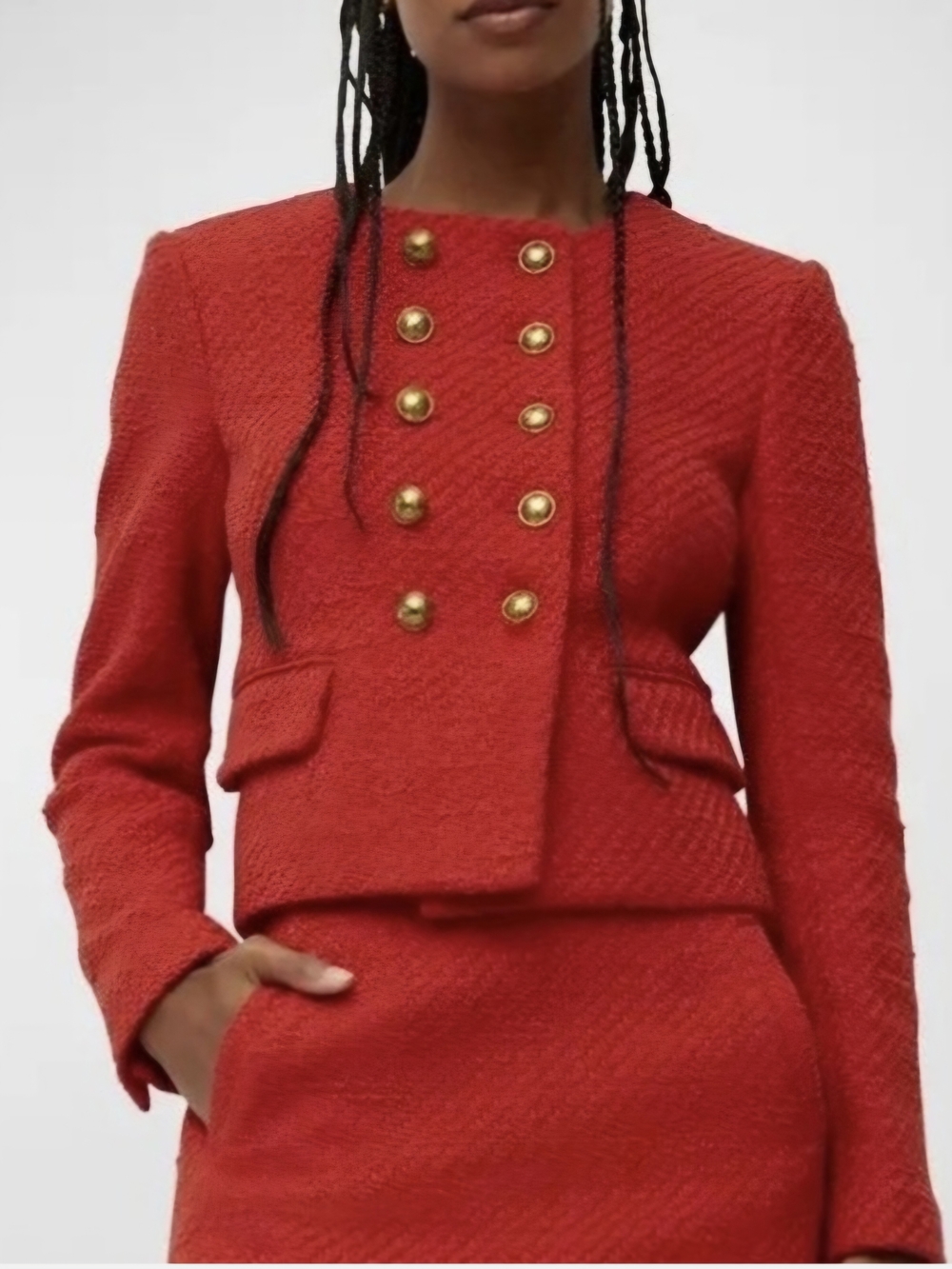 Veronica Beard Bentley Blazer Nantucket Red Tweed Cropped Military Button - 6 - Picture 7 of 15